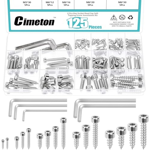 Cimeton 125PCS Hex Socket Head Cap Self-Tapping Screw M2 M3 M4 M5 M6 304 Stainless Steel Button Head Tapping Screws with 5 Sizes Hex Wrench Assortment Kit for Machinery Furniture Car Repair