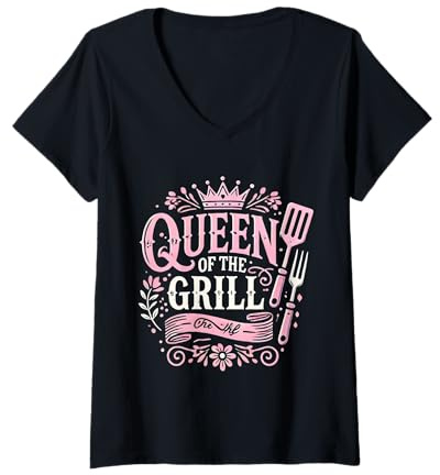 Womens Queen of the Grill Smoked Barbecue Meat BBQ V-Neck T-Shirt
