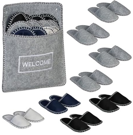 Relaxdays Felt Guest Slippers, 6 Pairs, Indoor Shoe Set with Bag, Sizes EU 36-45, Anti-Slip Sole, Unisex, for Visitors | Sizes 36-45, felt slippers, non-slip sole