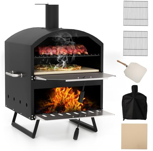 GOPLUS Outdoor Pizzaofen, doppelwandiger Pizza Ofen mit Pizzaschaufel, Backrost und Pizzastein, Brennofen mit wasserdichter Bezug, Pizzabäcker mit Edelstahldach für Camping, Picknick, BBQ