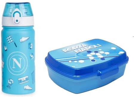PRESTIGE & DELUXE Forza Napoli - Borraccia sport per Bambini, 400 Millilitri in acciaio per scuola gita tempo libero + Portapranzo in pvc Bpa free + portachiave squadra