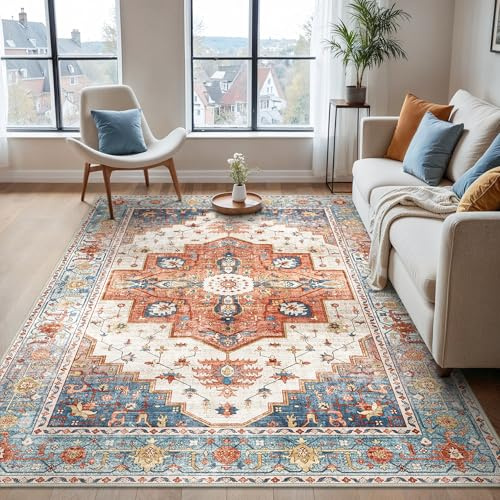 BEIMO Vintage Waschbarer Teppich Wohnzimmer, 240x300cm Blau-Rot | Boho Orientalisch, Großer Weicher Kurzflor Carpet mit Rutschfester für Küche und Bettvorleger Schlafzimmer