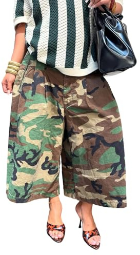 LETSVDO Women Barrel Camo Pants Baggy High Waisted Wide Leg Camouflage Palazzo Capris Army Fatigue Jean Cropped Trousers