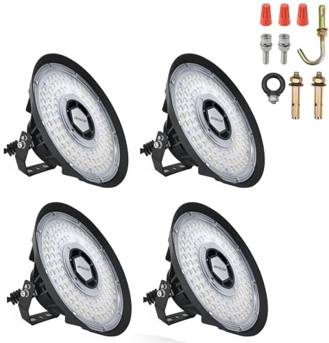ANTENLICHT 4Pack-200W UFO LED High Bay Light, 5000K Kaltweiß Hallenstrahler led, 170LM/W IP65 Wasserdicht Industrielampe mit U-förmiger Montagehalterung für Fabriken Garage Warenhaus