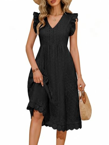 PASUDA Robe Longue Femme Été Chic et Elegant Coton Robes Col en V Taille Haute Boheme Robe sans Manches à Volants A-Line Robe de Plage Décontracté avec Poches
