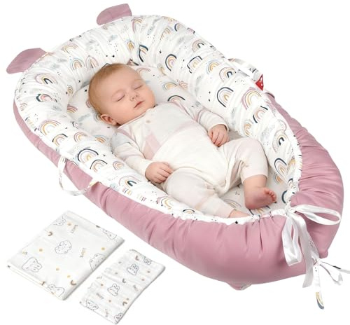 Verdego Babynest, Nestchen Baby 95x50x15cm, Babynestchen Neugeborene mit Tragegriff, Decke und Spucktuch, Baumwolle, Baby Nest Zweiseitg Entwurf, Herausnehmbarer, Baby Nestchen Set, Rosa Regenbogen