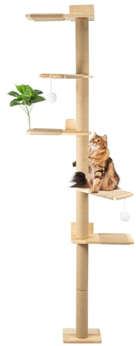 YORKING Cat Tree 206 cm Natural Rubber Wood, 5 Levels Wall Mounted Cat Tree with Widened Base, Plush Balls, 360° Rotatable, XXL Climbing Tree for Cats, for Climbing, Scratching