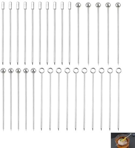 30 Piezas Palillos de Cóctel Acero Inoxidable 304, Palillos Metálicas Decorativas para Aceitunas, Aperitivos, Frutas, Snacks y Bebidas, Pinchos de Martini para Bar, Fiestas, Bodas y Eventos