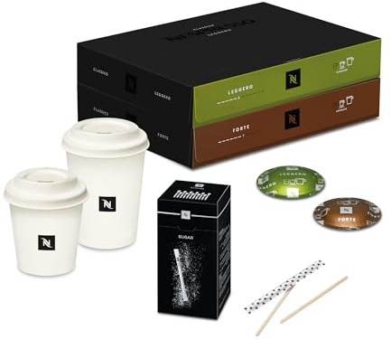 Nespresso Professionnel - Bundle ESSENTIEL CAFE A EMPORTER - 100 capsules cafés (50x Forte / 50x Leggero) - 30 Gobelets 240ml - 50 Gobelets 110ml - Sucres - Mélangeurs - Adapté aux professionnels
