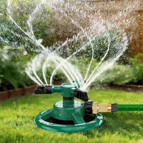 Fmalra Aspersor de césped de 360 grados, aspersor cuadrado, aspersor automático para césped, aspersor giratorio de 3 brazos, con conector rápido para jardín, gran área pequeña, parterres, camas de