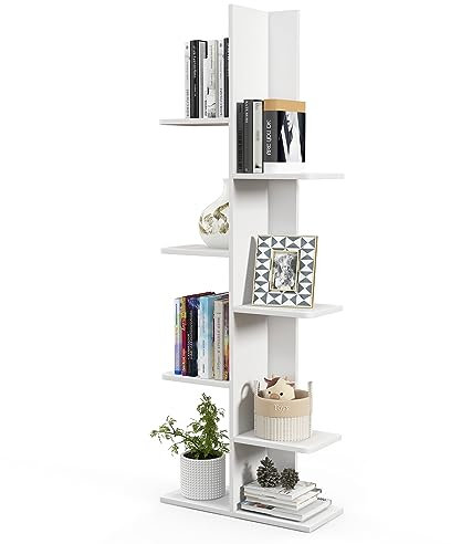 COSTWAY Bücherregal in Baumform, Standregal mit 8 Ablagen, Büroregal freistehend, Aufbewahrungsregal, Dekoregal, Regal für Bücher, Fotorahmen, 50 x 20 x 141cm (Weiß)