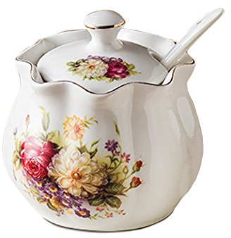 Ceramics - Zuccheriera vintage con motivo floreale rosso, contenitore per spezie con coperchio e cucchiaio, 226,8 g
