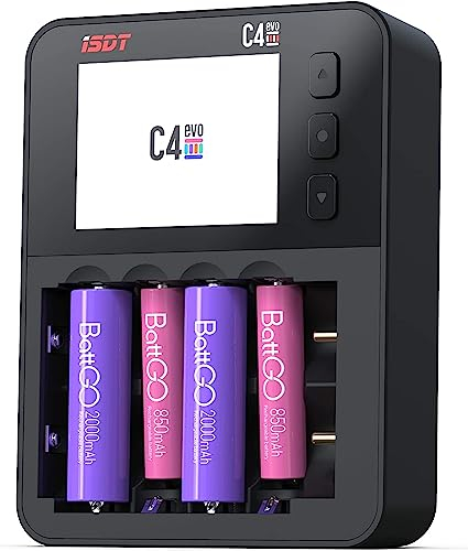 ISDT C4EVO Chargeur de Batterie Intelligent Piles 6 Slot Automatique avec Charge Affichage LCD pour Ni-MH Ni-CD AA AAA SC, Li-ION 18650 26650 26500 22650 18490 17500 17355 Dispositifs de sécurité