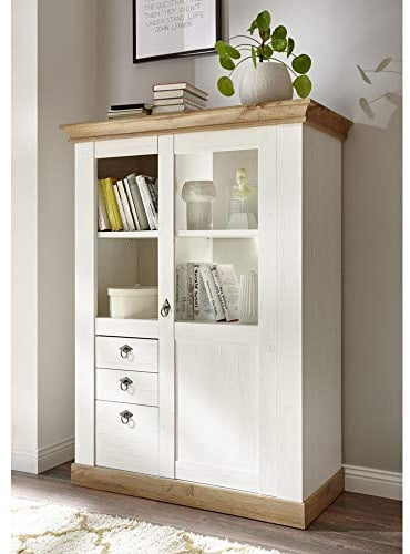 Lomadox Landhaus Highboard Vitrinenschrank in Pinie weiß/Wotan Eiche Nb. inkl. LED-Beleuchtung, B/H/T: 102/139/44cm