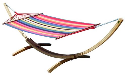 ALEOS. 400cm XXL Hängemattengestell Gestell aus Holz Lärche hell mit Stab Hängematte Rojo 120x200 cm