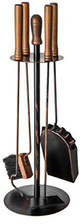 ADGO 5-teiliges Kaminset Antique Retro: Spatel, Pinsel, Poker, Schaber, Ständer, Holzgriffe, Farbe: Patina Kupfer