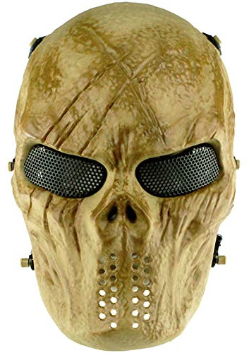 AQzxdc Herren Schädel Paintball Maske, Vollgesichts-Paintball Tactical Metal Mesh Augenschutz Atemschutzmaske, für Halloween Paintball Cosplay Party BBS Shooting Masquerade Ball,Beige
