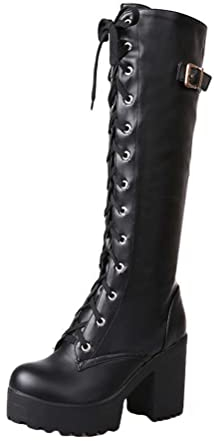 Minetom Stivali Donna Alti PU Tacchi Blocco Goth Punk Stivali Alti Stringata Scarpe Autunno Invernali Stivali da Motociclista A Nero 38 EU