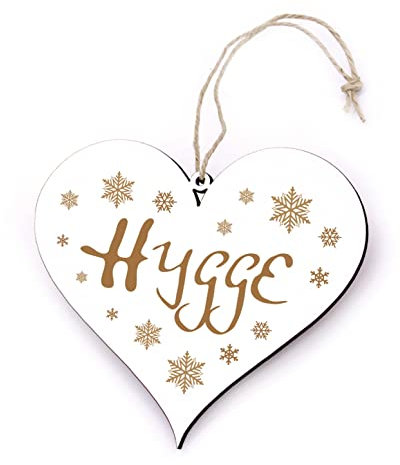 Hygge Schild Herz Holz Weihnachtsdeko Winterdeko - Schneeflocken Türschild Gemütlichkeit 13 x 12 cm