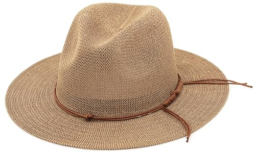EOZY Men's Summer Straw Panama Hat Unisex Wide Brim Fedora Sun Hat Breathable Beach Straw Jazz Hat with Belt Brown