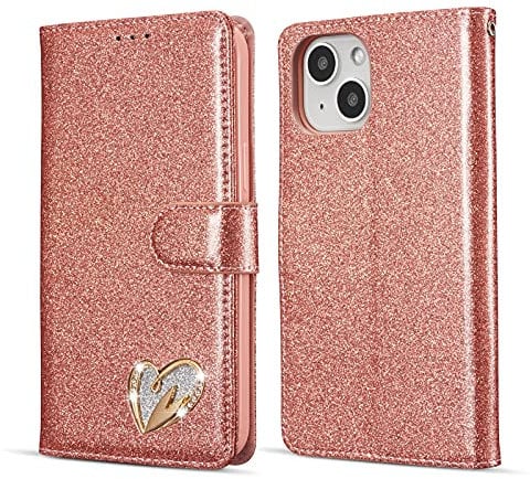 QLTYPRI Wallet Case for iPhone 14, Glitter PU Leather TPU Bumper Card Holder Kickstand Wrist Strap Inlaid Heart Diamond Flip Folio Cover for iPhone 14 - Rose Gold
