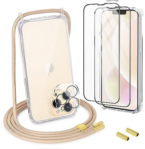 DiDaDi [5 in 1 Handykette Set für iPhone 12 Pro Max Hülle mit Band +Transparent Schutzhülle+Schutzfolie+kameraschutz Glas, Abnehmbar Necklace Stylische Handyhülle zum Umhängen Kordel Case (Gold)