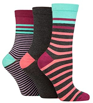 Glenmuir Womens Patterned Bamboo Socks Bright and Colourful, Fun Designs - Pack of 3 - Stripe Charcoal 4-8