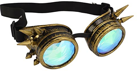 Alomejor Halloween-Kaleidoskop-Brille, Regenbogen-Kristalllinsen, Steampunk-Brille mit verstellbarem Gummiband und Nasenstücken, Bronze
