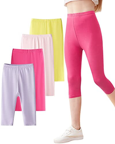 Domee Mädchen Capri Leggings 3/4 Hosen Sommerhose 4er-Pack Rosa & Lila & Rosenrot & Gelb 9-10 Jahre (Herstellergröße 150)