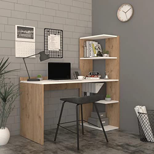 KAUFENET Stil Fichte Farbe (Korb-weiß) Schreibtisch mit Regal, Computertisch, mit Schubladen und Büroschreibtisch, für Büro, Ecktisch Heimbüro Spieltisch mit Regalen platzsparend 140x120x52cm (B/H/T)