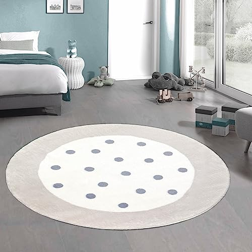 CARPETIA Kinder-Teppich weich Rund pflegeleicht Creme-grau Punkte-Umrandung 120 cm rund