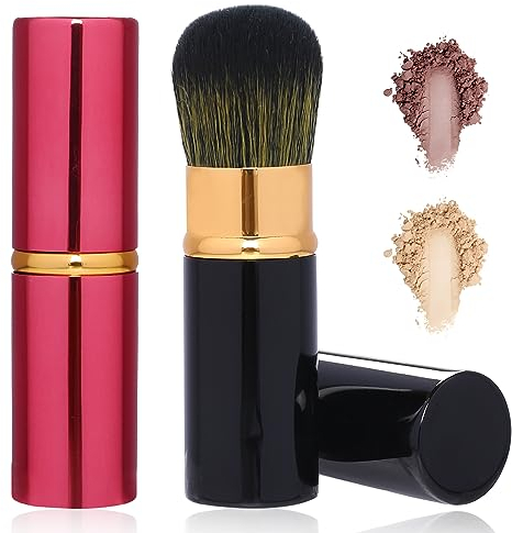 Lot de 2 pinceaux de maquillage rétractables Kabuki - Petit pinceau portable de voyage ultra doux et à poils fins - Avec housse pour poudre bronzante, polissage, surligneur, poudre sans défaut