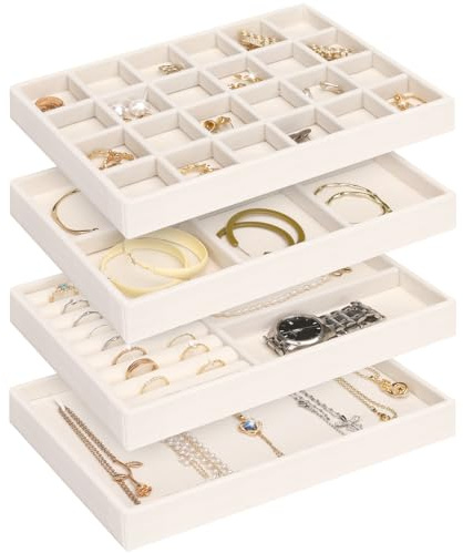 Jenseits Set mit 4 stapelbaren Schmuck-Organizer-Ablagen für Schubladen, Samt-Schmuck-Organizer, Schubladeneinsätze, Ohrringhalter, Halsketten, Armbänder, Ringe, Zubehör-Organizer.