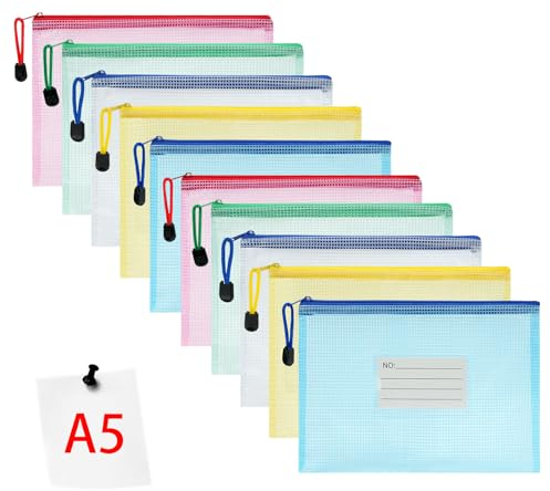 Vicloon Dokumententasche A5, 10pcs Reißverschlusstaschen mit Etikett, Wasserdichte Mesh-Taschen Kunststoff Reißverschlusstasche Zipper Tasche für Schule, Büro, Reisen(Farbe)