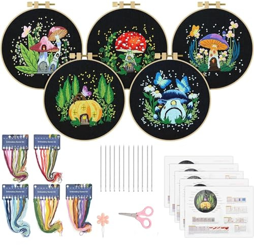 Glorlliant 5 Sets Stickerei Kit für Anfänger Kunst Handwerk Handy Nähen Set Pilz Kreuz Dekoration Malerei Stitch Starter Kits