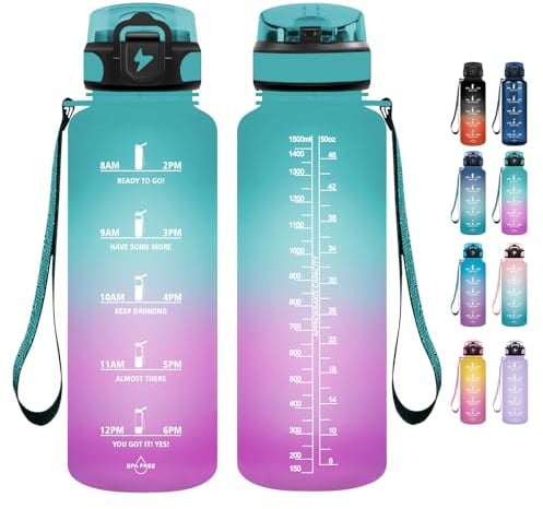 Grsta Gourde 1.5l, Gourde Motivation Avec Paille, sans BPA, Gourde Sport, Bouteille d'eau avec Marqueur de Temps pour le Camping, la randonnée - Poudre verte