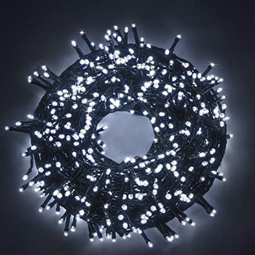 catena serie stringa catena luminosa di luci 500 LED per albero di Natale da Esterno natalizie ed Interno controller con 8 giochi di luce e Memoria cavo verde (LUCE FREDDA BIANCA, 25 metri)