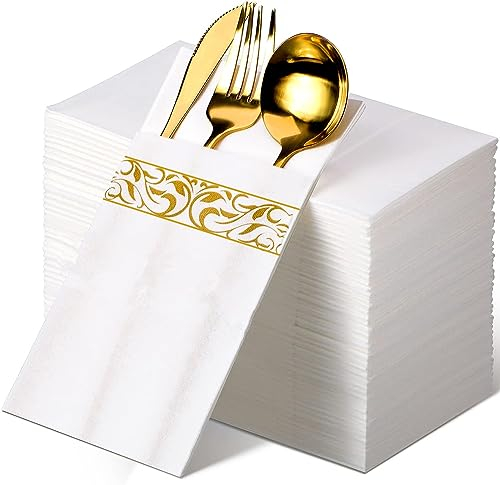 CHEERDO Disposable Dinner Napkins Pocket for Flatware Cloth Like Linen Feel Absorbent Paper Hand Parties Weddings Dinners or Events (Gold 50)