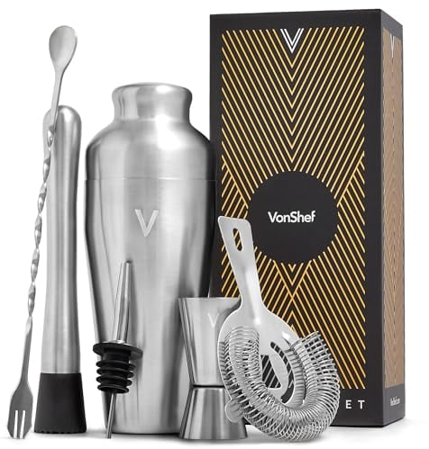 VonShef Cocktail Shaker Set, Silver 6pc Set with 550ml Parisian Cocktail Shaker, Professional Bartender Set for Home Bar, Including Strainer, Muddler, Jigger & Other Bar Accessories, Gift Box Included