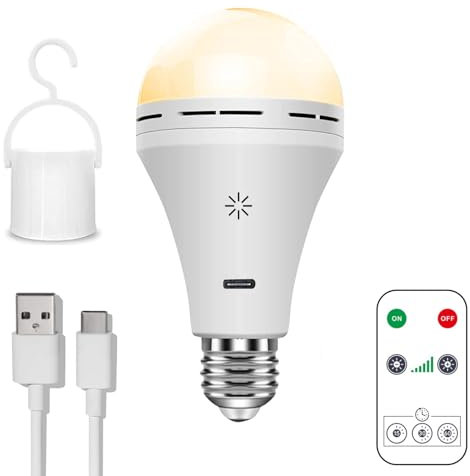 USB Rechargeable Light Bulb, 10W Battery Powered E27 Led Bulbs Button Control Dimmable, 2000mAh Battery Light Bulb with Hook, Non Electric for Emergency Light for Indoor/Outdoor (Warm White)