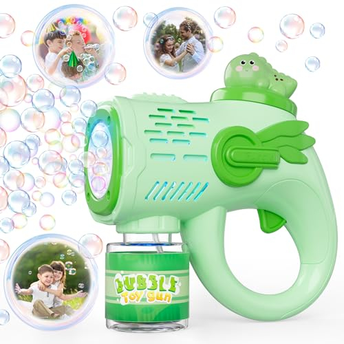 Weilim Seifenblasenpistole für Kinder, Dinosaurier LED Blasenmaschine mit 200 ml Seifenblasenlösung, Automatische Seifenblasen Spielzeugpistole für Kinder ab 3 Jahren, 4000+ Blasen/Min