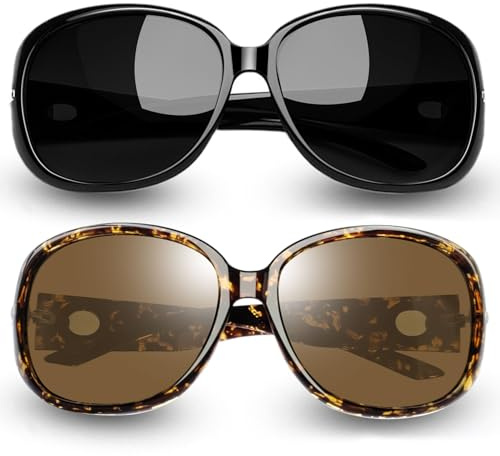 Joopin 2 Stücke Stylische Damen Sonnenbrille Groß Schwarz Polarisiert UV400 Übergroß Klassisch Vintage Braune Sonnenbrille Damen (Schwarz und Crystal Amber)