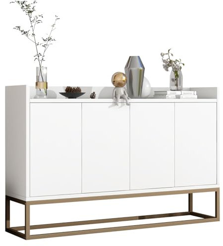 BHFFTHK Sideboard Kommode 120cm breit,Modernes Buffetschrank mit 4 Türe,Kommode Schrank Buffetschrank mit Verstellbares Regal und Metallbeinen für Wohnzimmer und Esszimmer Küche,Weiß