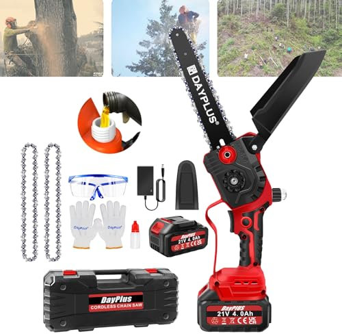 8 Mini Chainsaw Cordless Battery Powered Chainsaw, 840W Powerful Electric Cordless Chainsaw with 1 X Oil Bottle, 2 Chains, Guide Bar, Security Lock, 4000mAh Battery, Wood/Tree Saw for Garden