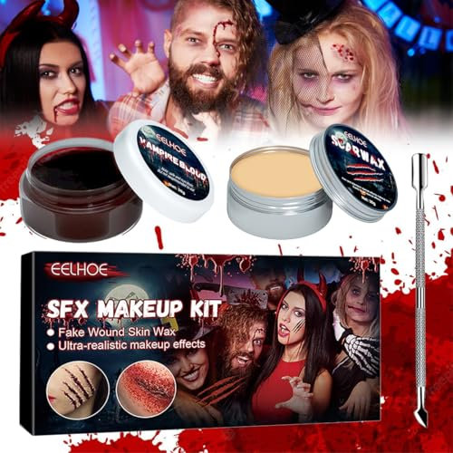 Halloween Wunde Makeup Set, Halloween Schminke Make Up Set, Kunstblut Blutcreme, Halloween Schminke Wachs, Halloween-Gesichtsfarbe Kunstblut
