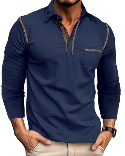 Rodawu Mens Long Sleeve Polo Shirts Cotton Polo T-Shirts Golf Tops Grandad T Shirt Dark Blue Polo Shirt Men XL
