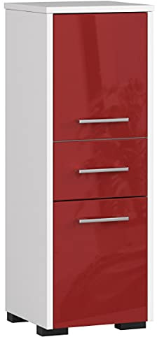 3xE Living Freistehender Badezimmerschrank: eine Schublade, Zwei Türen, DREI Einlegeböden, Farbe: Weiß | Rot glänzend, Maße des Möbels: B: 30 cm, H: 85 cm, T: 30 cm.