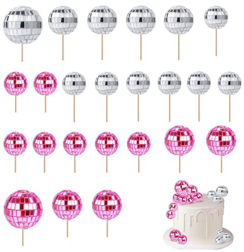 Disco Ball Cake Topper, 24 Pcs Disco Ball Decorations, 1970s Retro Cake Decorations With Stick Shiny Mini Disco Balls Disco Cake Decorations for Dessert Birthday Decor Ornament (Pink, Silver)