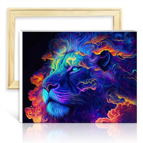 TANGFEIY Peinture à l'huile néon lion peint les enfants des pinceaux et des pigments acryliques sur toile peinture adultes photos la cadeaux bricolage cadre (40x50cm)