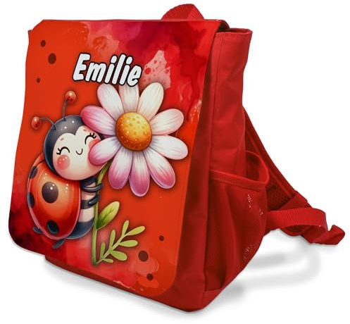 Unikatolo Kindergartenrucksack in rot mit Name personalisiert, Rucksack Mädchen Kindergarten Kita bedruckt, Kita-Tasche Geschenk erster Geburtstag Kleinkind Kinderrucksack (Marienkäfer-rot)